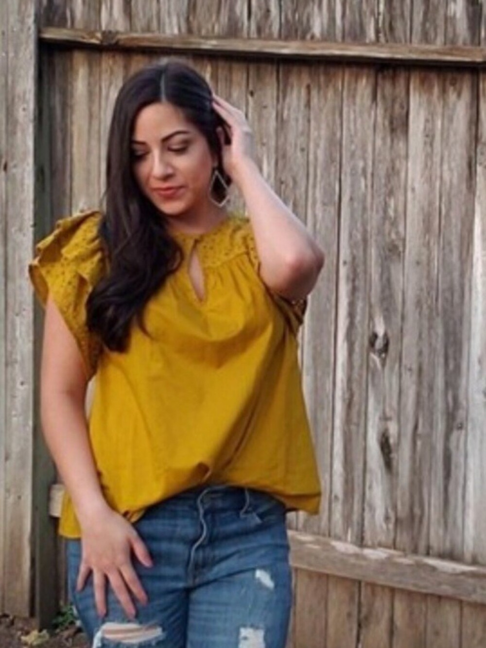 Mustard Eyelet Ruffle Sleeve Feminine Fall Top In XS